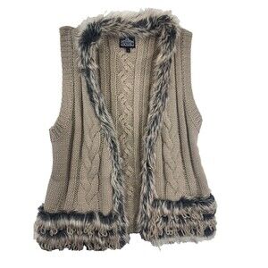 Angie Women Size L Sweater Vest Cable Knit Faux Fur Trim Brown Boho Cottagecore